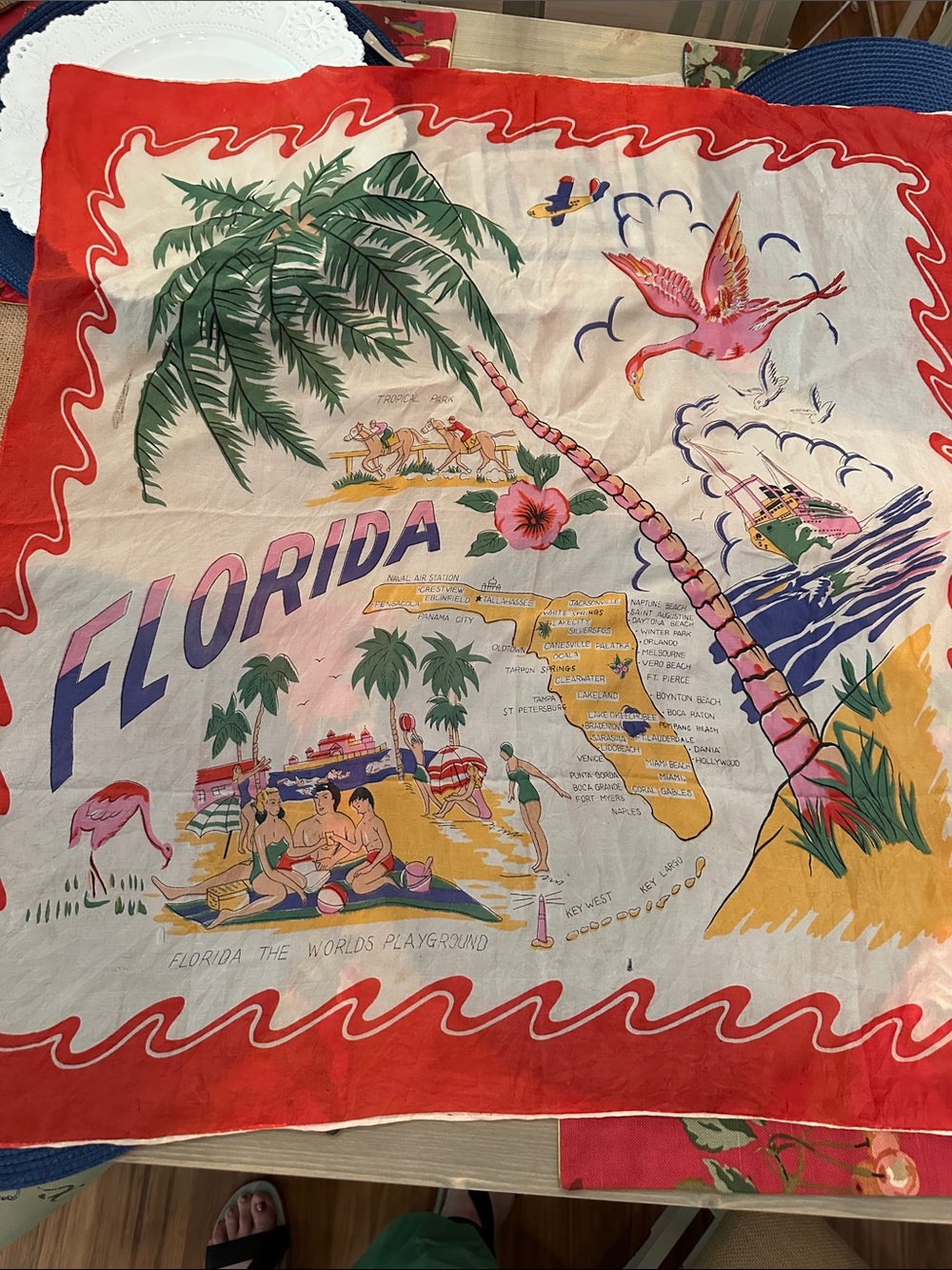 Vintage Florida Beach Souvenir Scarf with Red Border
